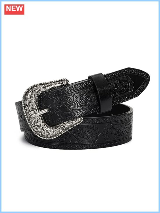 Accessories - Western Cowboy Belt PU Leather Carved Turquoise Buckle Waist